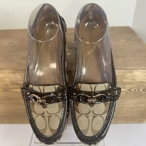 Coach Fortunata Shoes 7.5 Brown Monogram Patent Leather Old Money Academia Logo